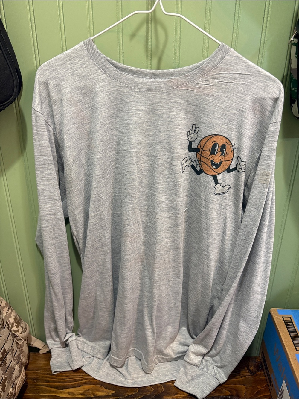 Gray Long Sleeve Tee with Orange Cartoon Basketball Graphic